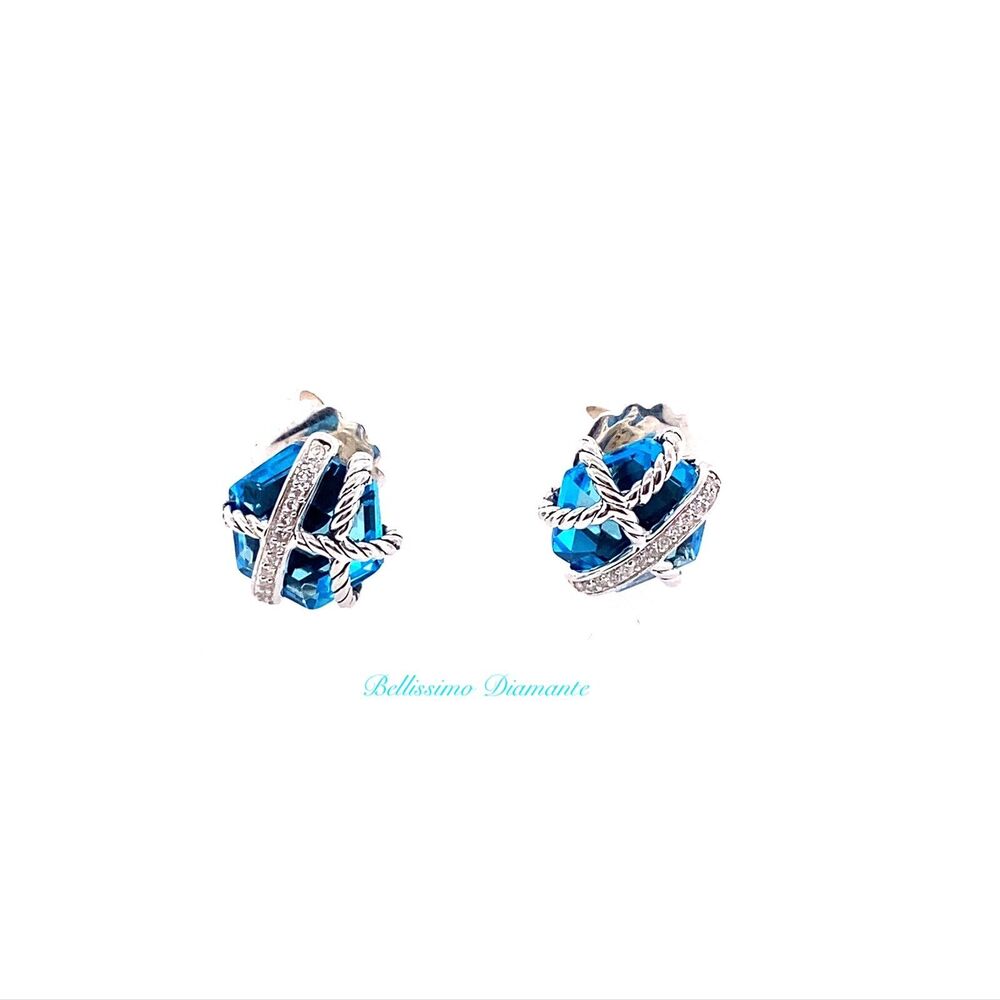 David Yurman Sterling Silver Cable Wrap Earrings w/ Blue Topaz and Diamonds